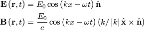 \begin{align*}\mathbf{E}\left(\mathbf{r},t \right) &= E_0 \cos \left(k x  - \omega t\right) \hat{\mathbf{n}}\\\mathbf{B}\...