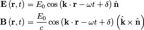 \begin{align*}\mathbf{E}\left(\mathbf{r},t \right) &= E_0 \cos \left(\mathbf{k} \cdot \mathbf{r}  - \omega t + \delta \ri...