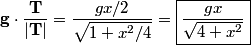 \begin{align*}\mathbf{g} \cdot \frac{\mathbf{T}}{\left| \mathbf{T} \right|} = \frac{g x/2}{\sqrt{1+ x^2/4}} = \boxed{\frac{gx...