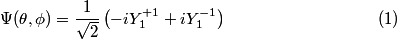 \begin{align}\Psi(\theta,\phi) = \frac{1}{\sqrt{2}}\left(-i Y_1^{+1} + i Y_1^{-1}\right)\end{align}