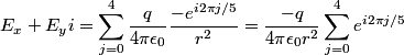 \begin{align*}E_x + E_y i = \sum_{j = 0}^4 \frac{q}{4 \pi \epsilon_0} \frac{-e^{i 2 \pi j/5}}{r^2} = \frac{-q}{4 \pi \epsilon...