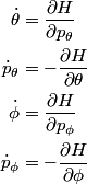 \begin{align*}\dot{\theta} &= \frac{\partial H}{\partial p_{\theta}} \\\dot{p}_{\theta} &= -\frac{\partial H}{\partia...