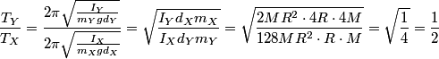 \begin{align*}\frac{T_Y}{T_X} = \frac{\displaystyle  2 \pi\sqrt{\frac{I_Y}{m_Y g d_Y}}}{ \displaystyle 2 \pi\sqrt{\frac{I_X}{...