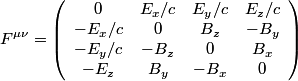 \begin{align*}F^{\mu \nu} = \left(\begin{array}{cccc}0 & E_x/c & E_y/c & E_z/c \\- E_x/c & 0 & B_z & ...